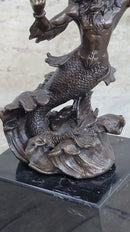 Signed Poseidon God of Sea Bronze Bookend Book End Sculpture Marble Base Statue