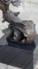 Signed Poseidon God of Sea Bronze Bookend Book End Sculpture Marble Base Statue