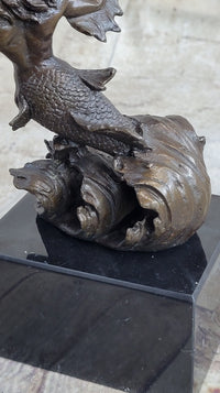 Signed Poseidon God of Sea Bronze Bookend Book End Sculpture Marble Base Statue