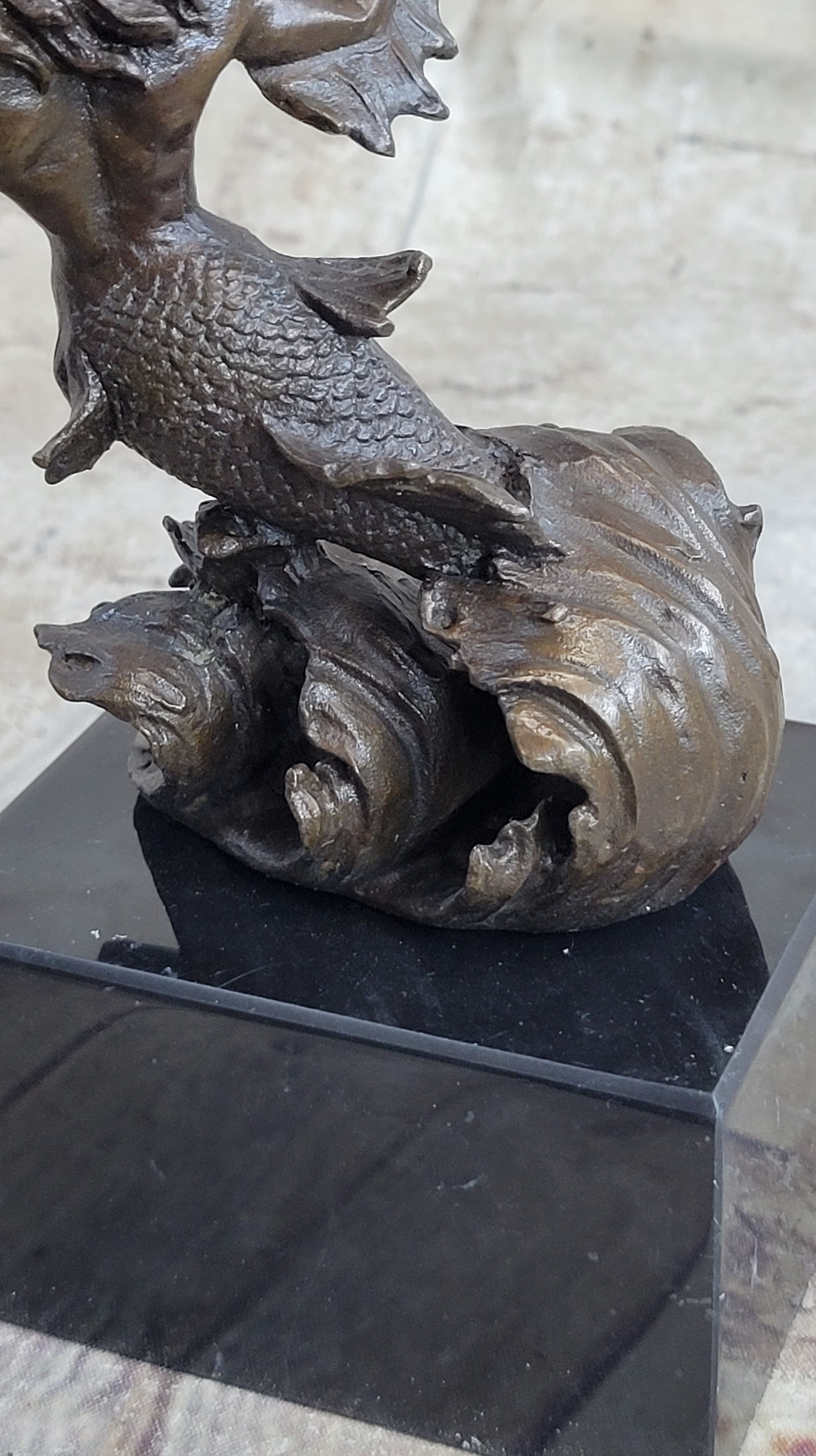Signed Poseidon God of Sea Bronze Bookend Book End Sculpture Marble Base Statue