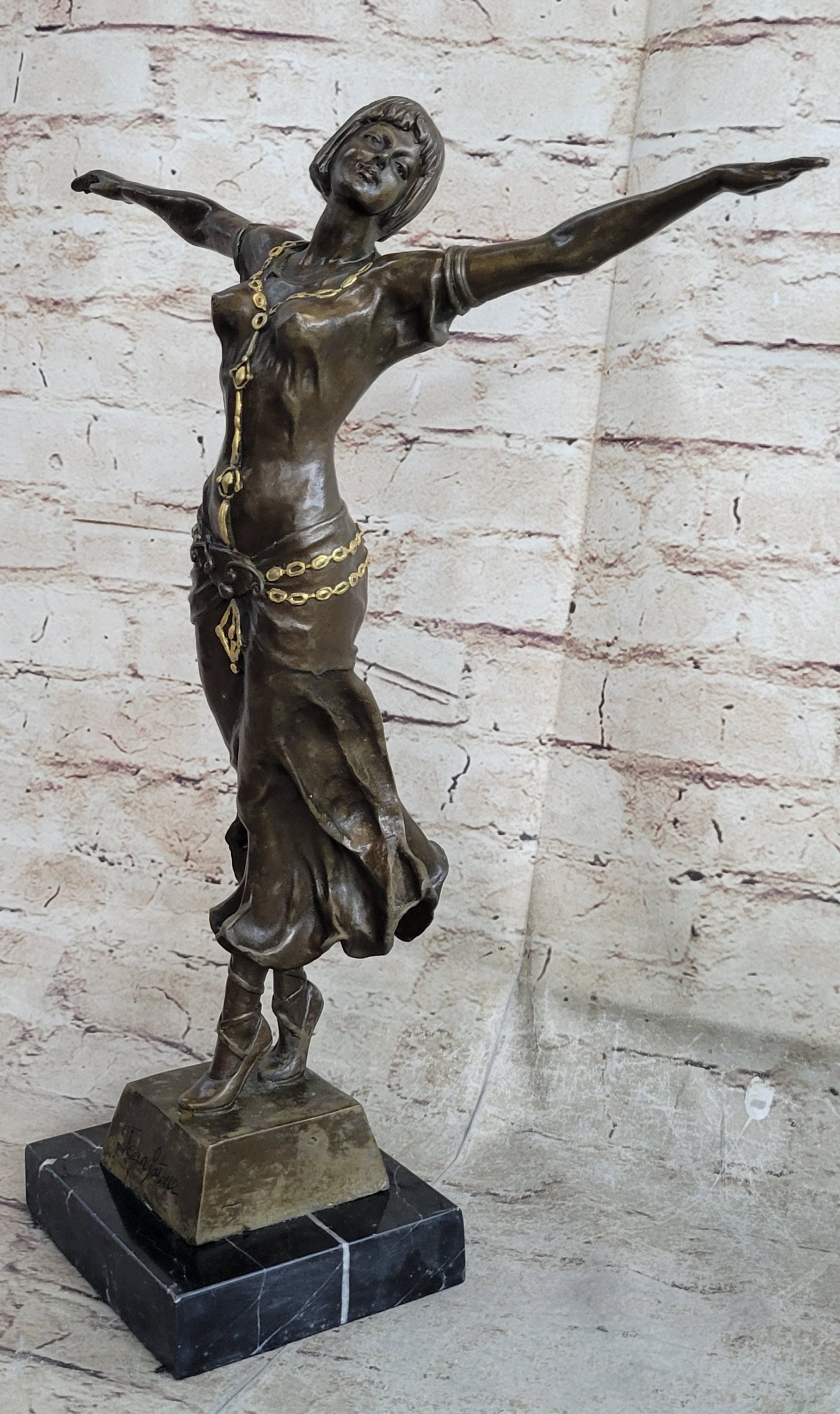 Happy Free Dancer Girl Bronze Metal Figure Art Deco Marble Base