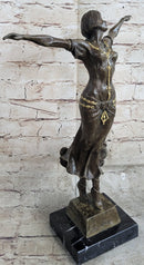 Happy Free Dancer Girl Bronze Metal Figure Art Deco Marble Base