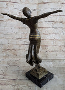 Happy Free Dancer Girl Bronze Metal Figure Art Deco Marble Base