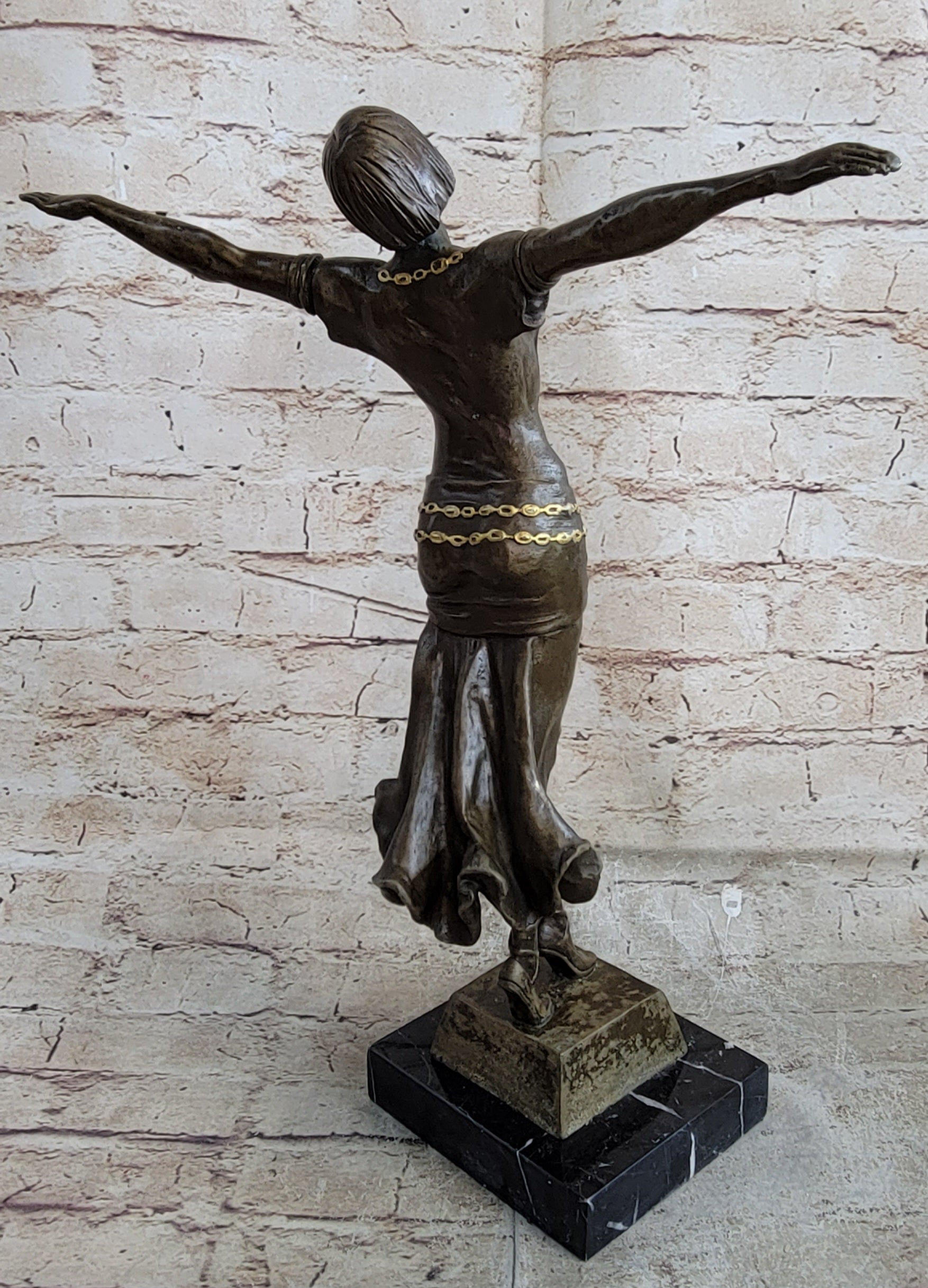 Happy Free Dancer Girl Bronze Metal Figure Art Deco Marble Base