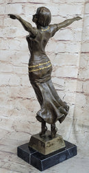 Happy Free Dancer Girl Bronze Metal Figure Art Deco Marble Base