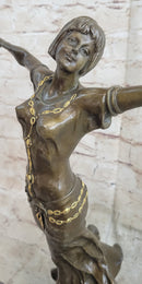 Happy Free Dancer Girl Bronze Metal Figure Art Deco Marble Base
