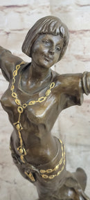 Happy Free Dancer Girl Bronze Metal Figure Art Deco Marble Base