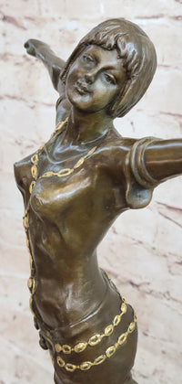 Happy Free Dancer Girl Bronze Metal Figure Art Deco Marble Base