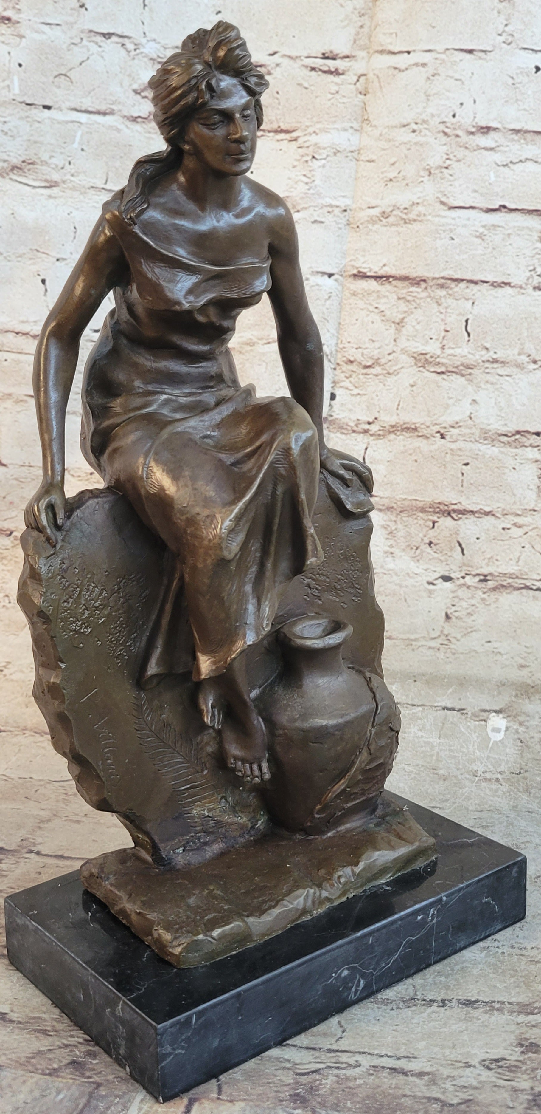 Classical Woman Sitting on Rock Wall Bronze Sculpture on Marble Base