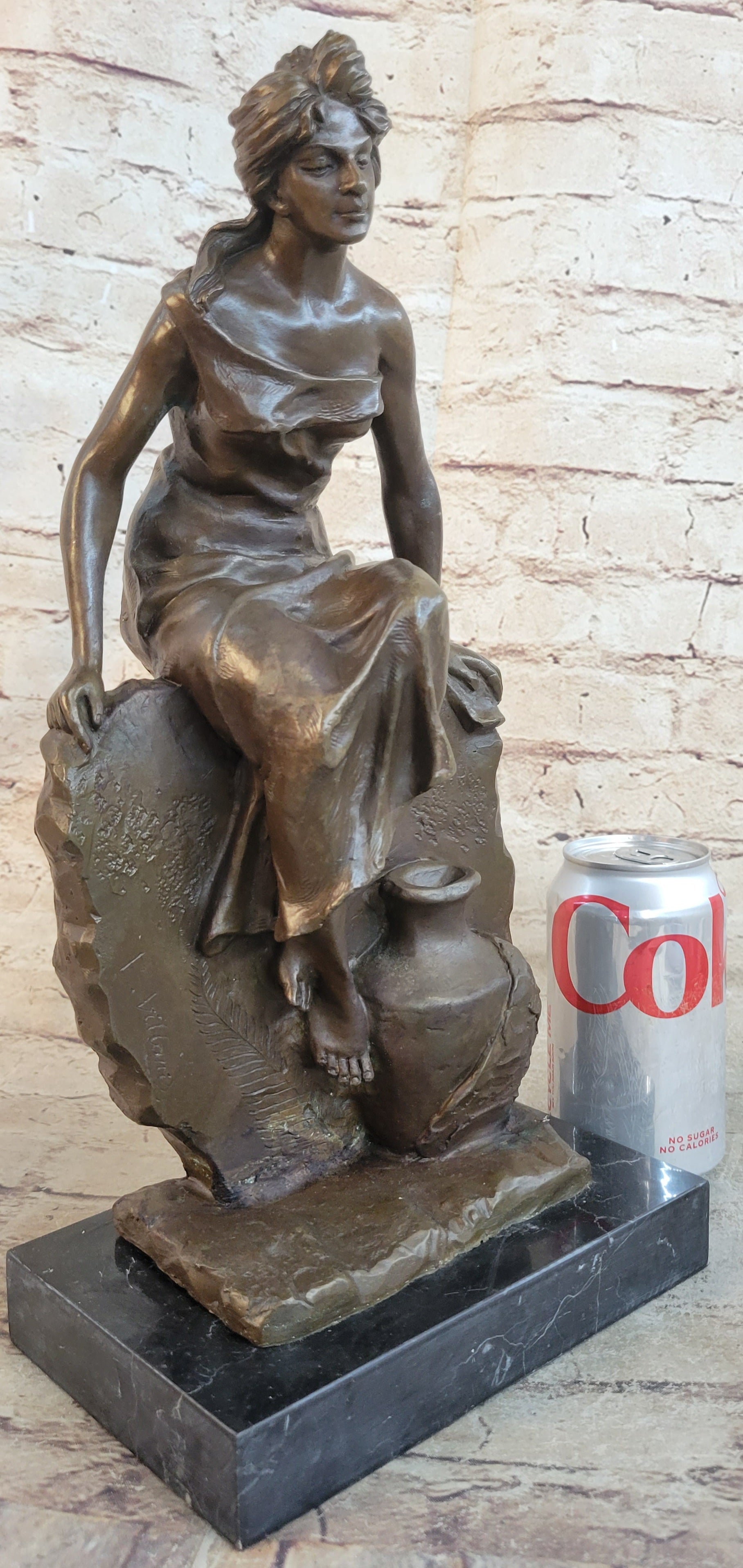 Classical Woman Sitting on Rock Wall Bronze Sculpture on Marble Base