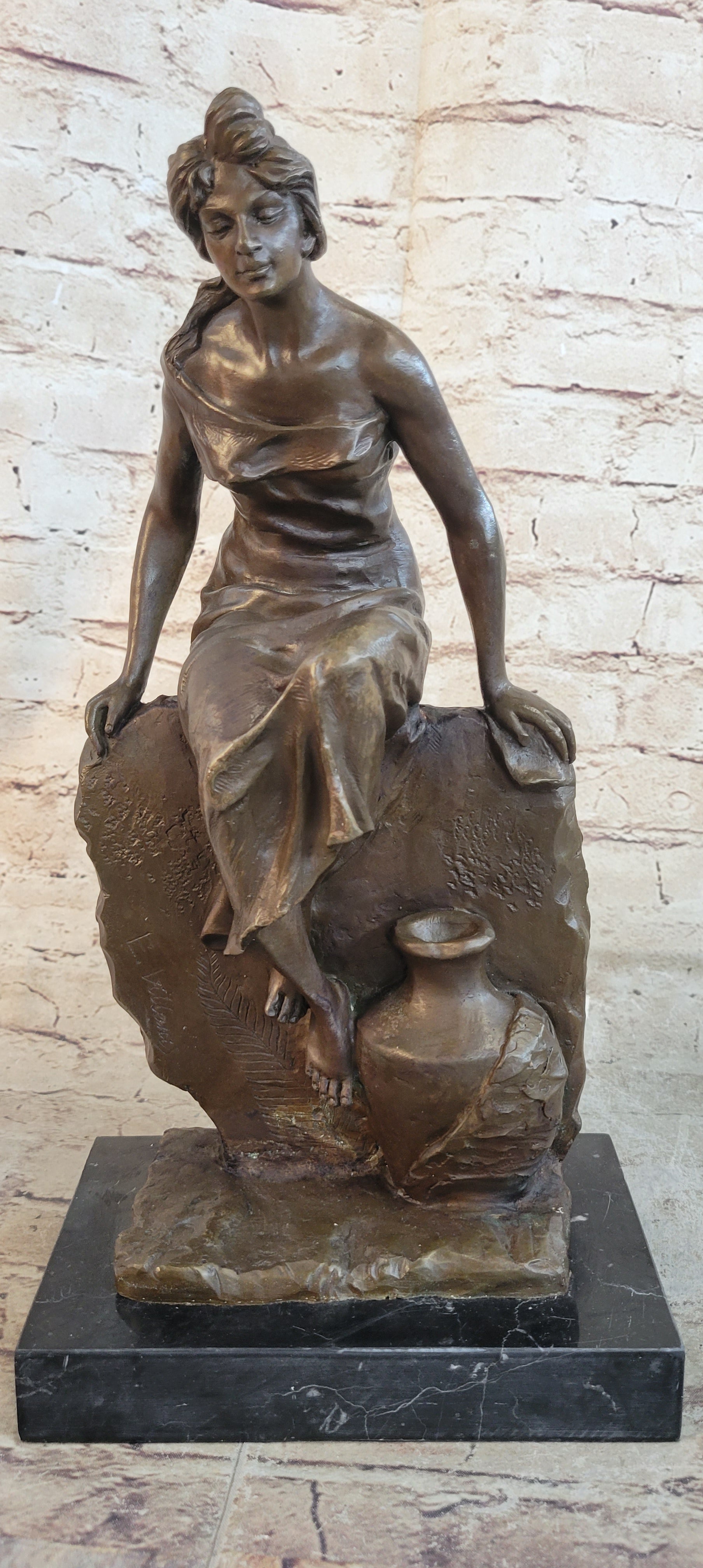 Classical Woman Sitting on Rock Wall Bronze Sculpture on Marble Base