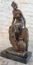 Classical Woman Sitting on Rock Wall Bronze Sculpture on Marble Base