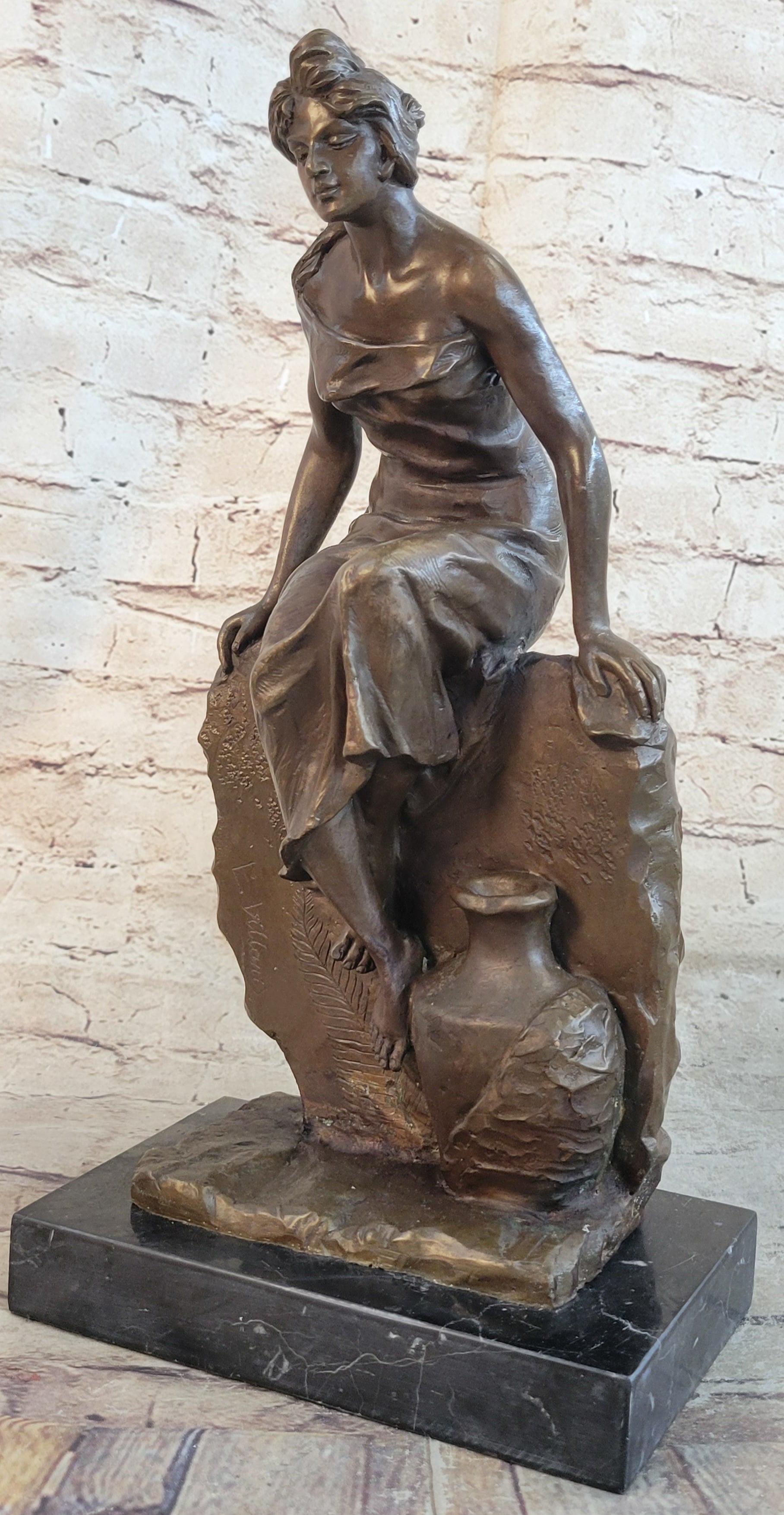 Classical Woman Sitting on Rock Wall Bronze Sculpture on Marble Base