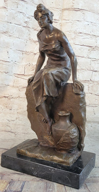 Classical Woman Sitting on Rock Wall Bronze Sculpture on Marble Base
