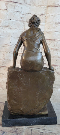 Classical Woman Sitting on Rock Wall Bronze Sculpture on Marble Base