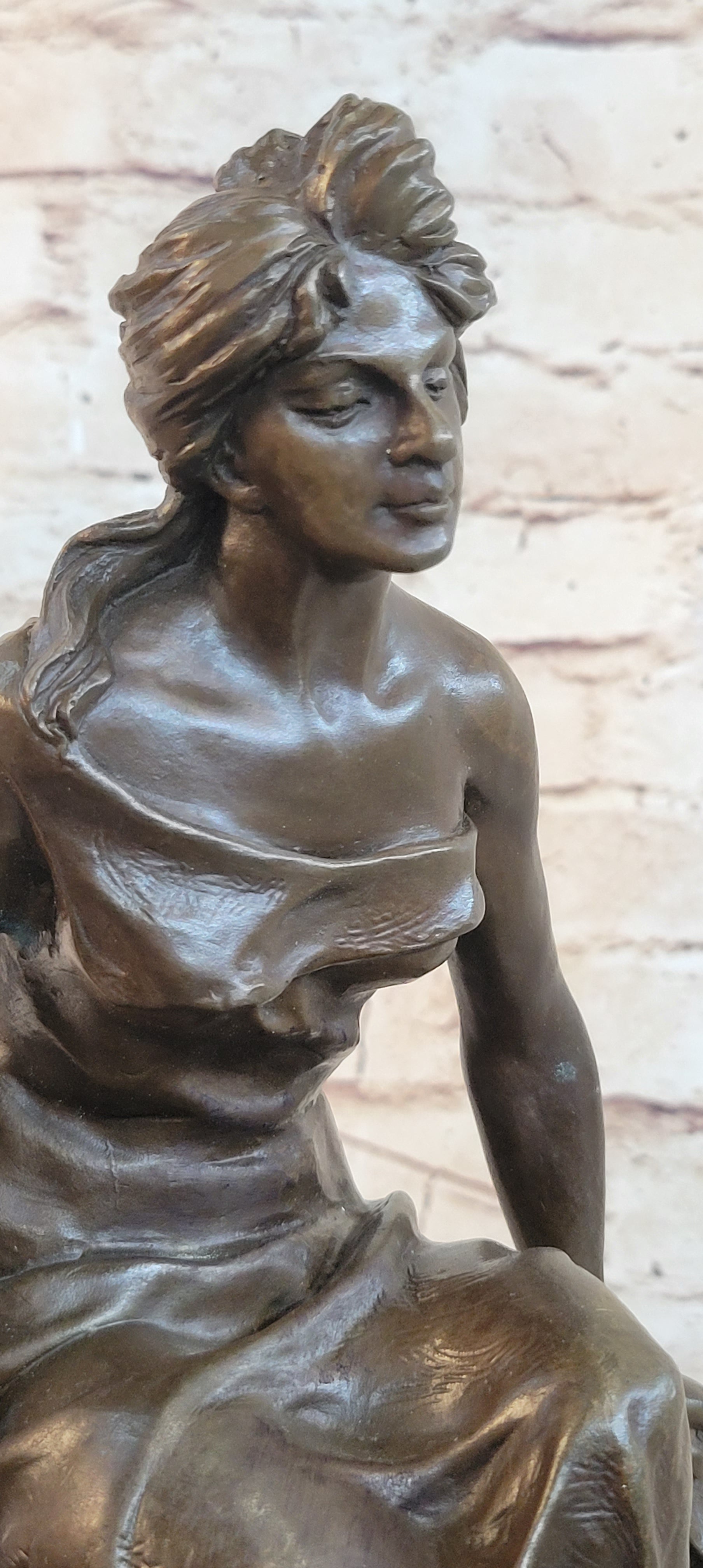 Classical Woman Sitting on Rock Wall Bronze Sculpture on Marble Base