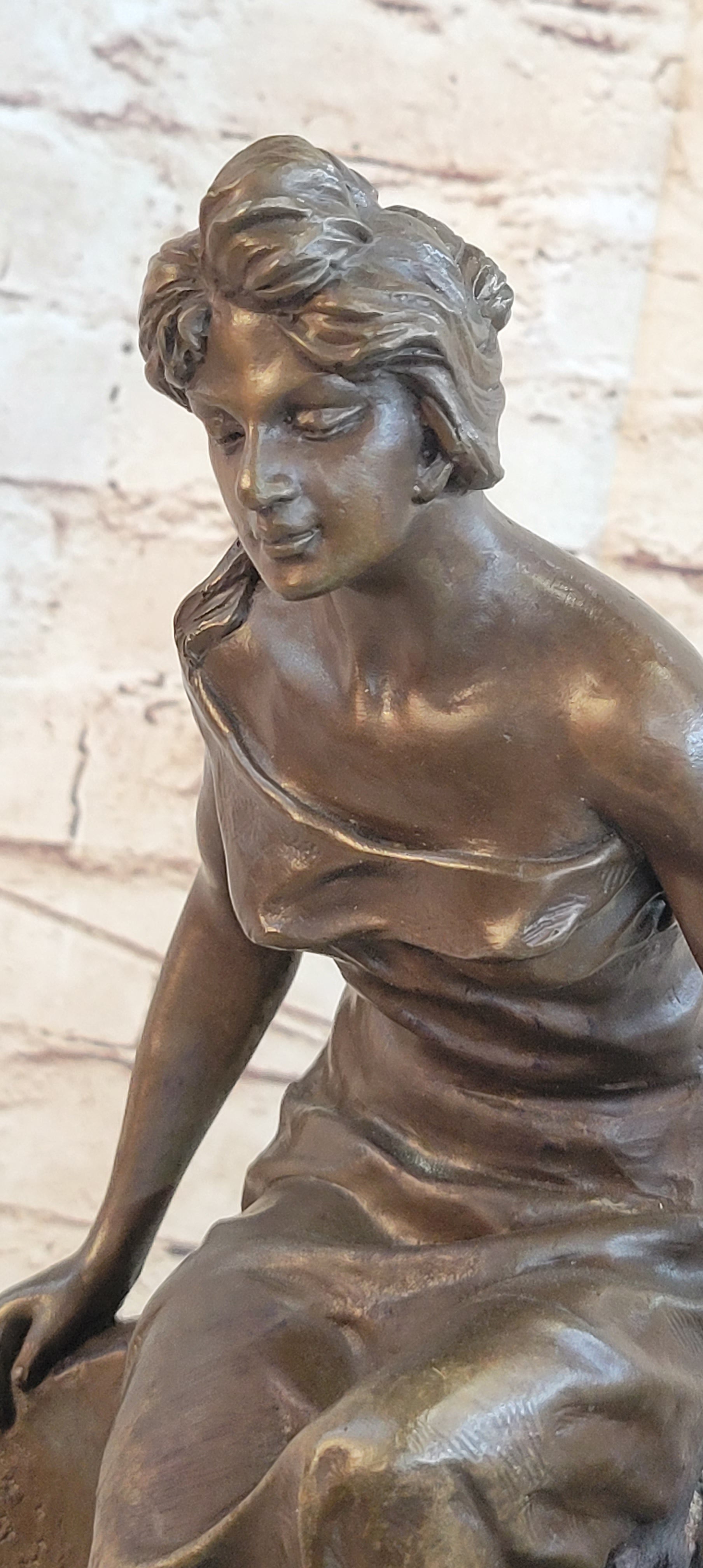 Classical Woman Sitting on Rock Wall Bronze Sculpture on Marble Base