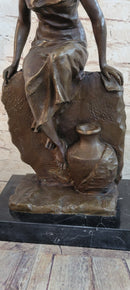 Classical Woman Sitting on Rock Wall Bronze Sculpture on Marble Base