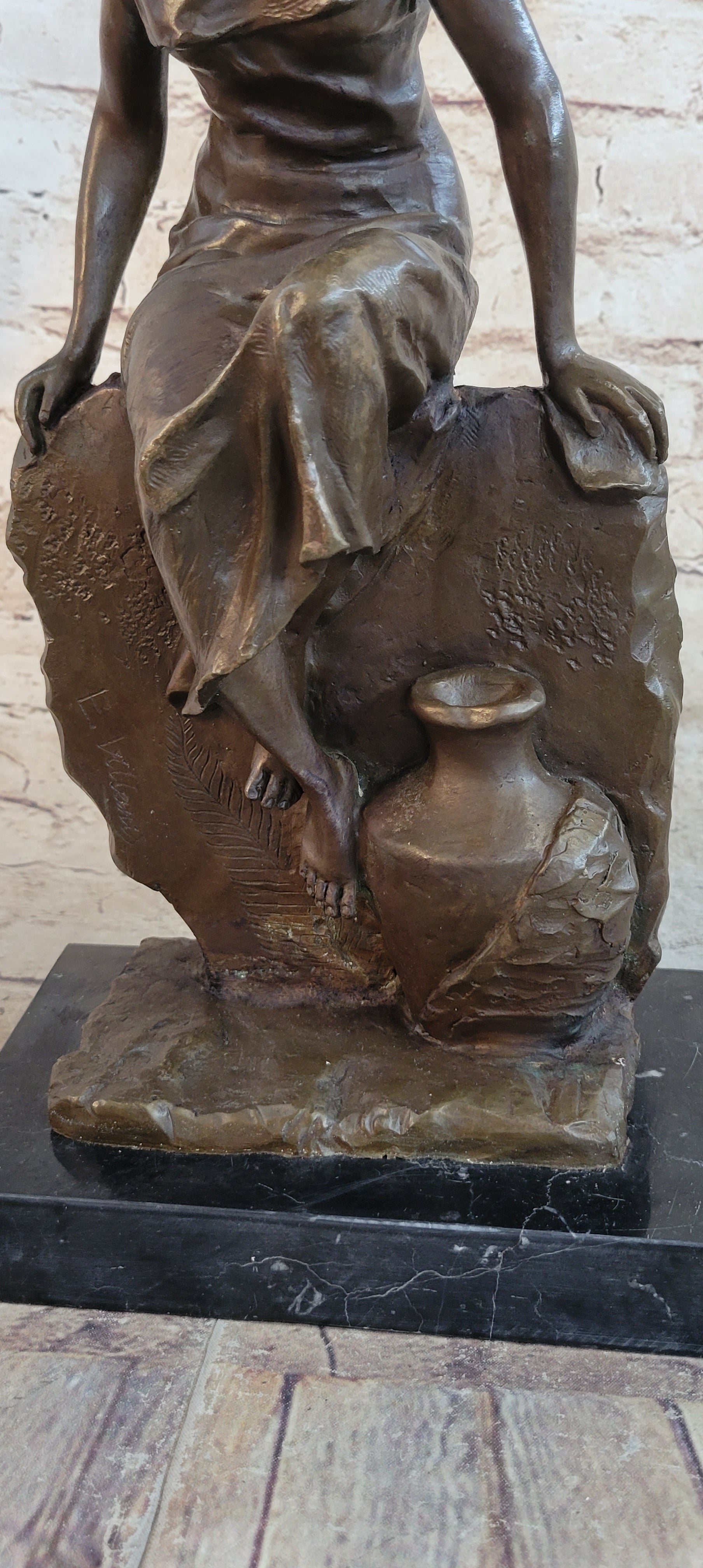 Classical Woman Sitting on Rock Wall Bronze Sculpture on Marble Base