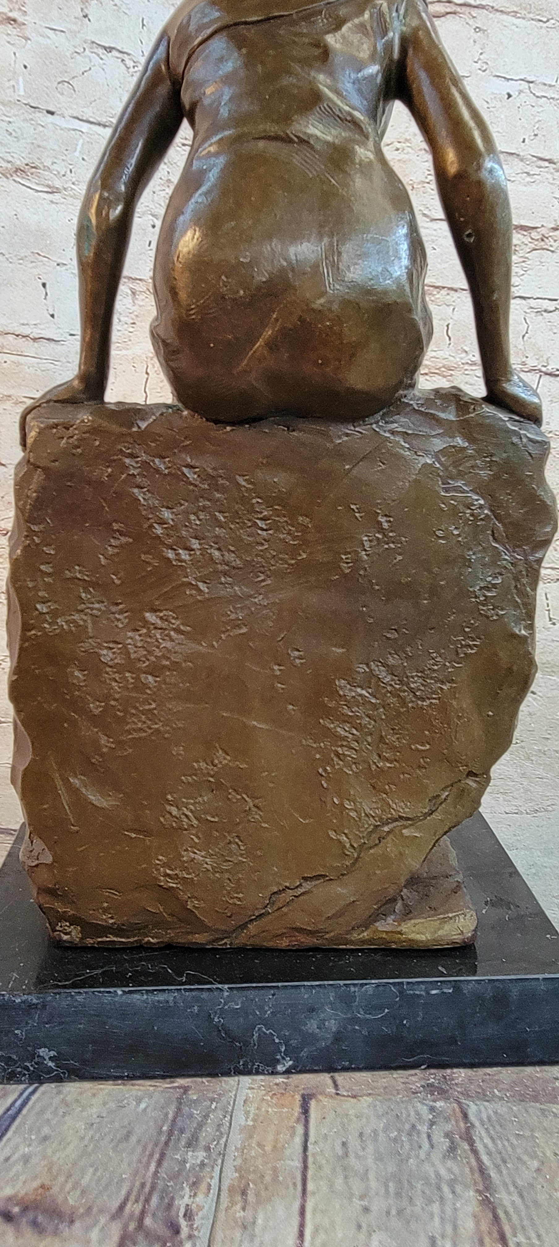 Classical Woman Sitting on Rock Wall Bronze Sculpture on Marble Base
