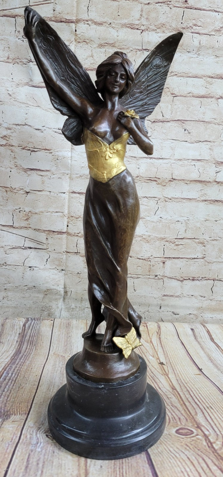 Sexy Winged Angel Fairy Girl w/ Gold Accent Bronze Sculpture Figure