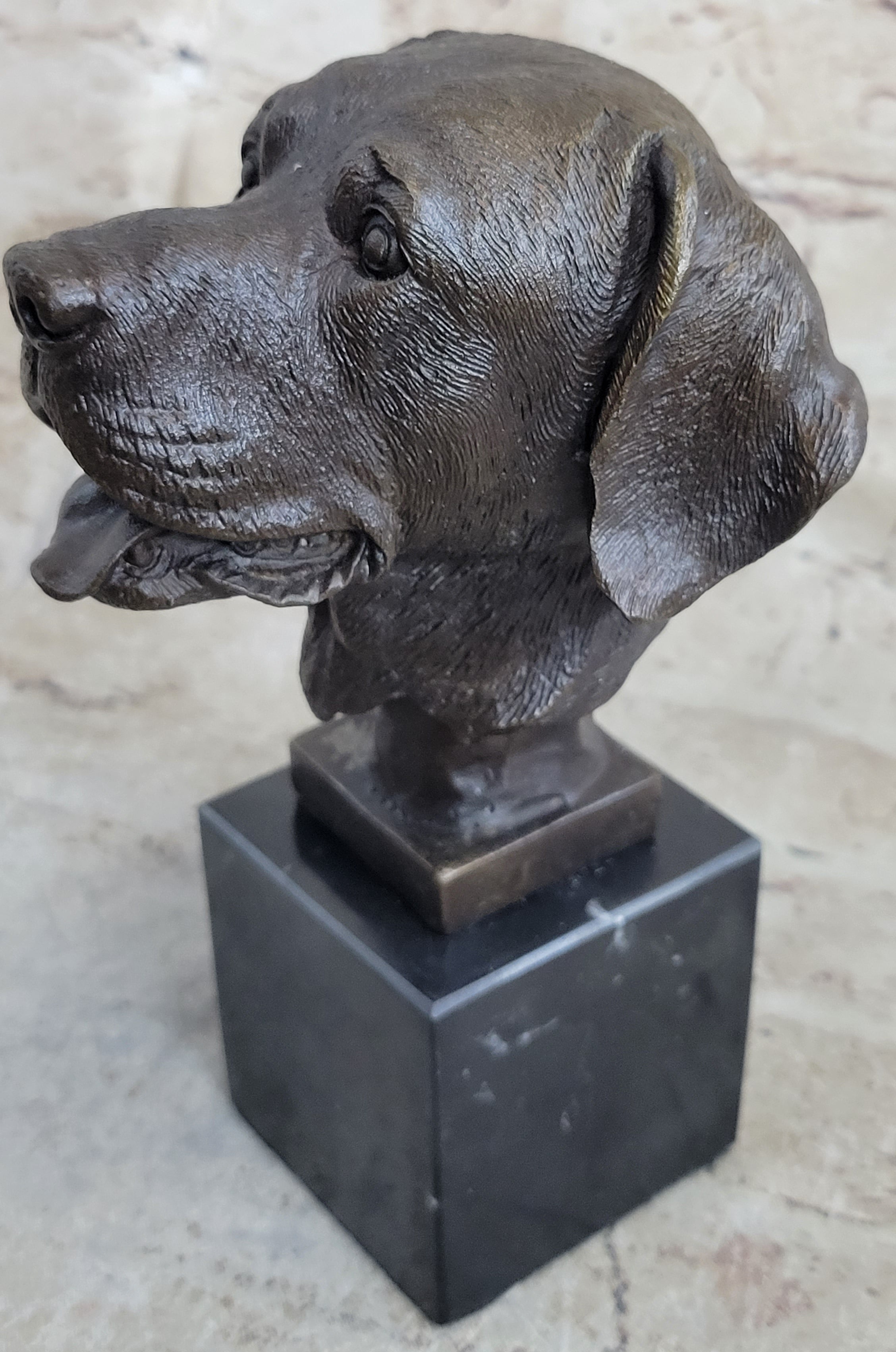 Signed Happy Labrador Puppy Dog Bust Marble Base Sculpture