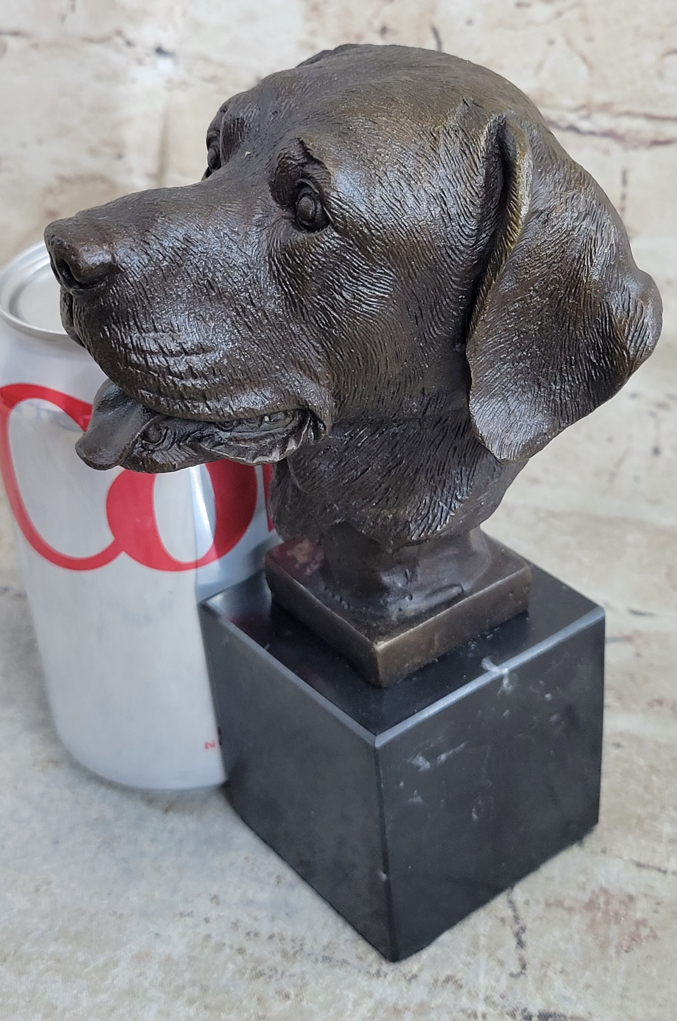 Signed Happy Labrador Puppy Dog Bust Marble Base Sculpture