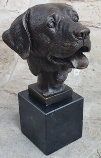 Signed Happy Labrador Puppy Dog Bust Marble Base Sculpture