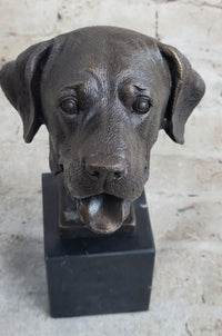 Signed Happy Labrador Puppy Dog Bust Marble Base Sculpture