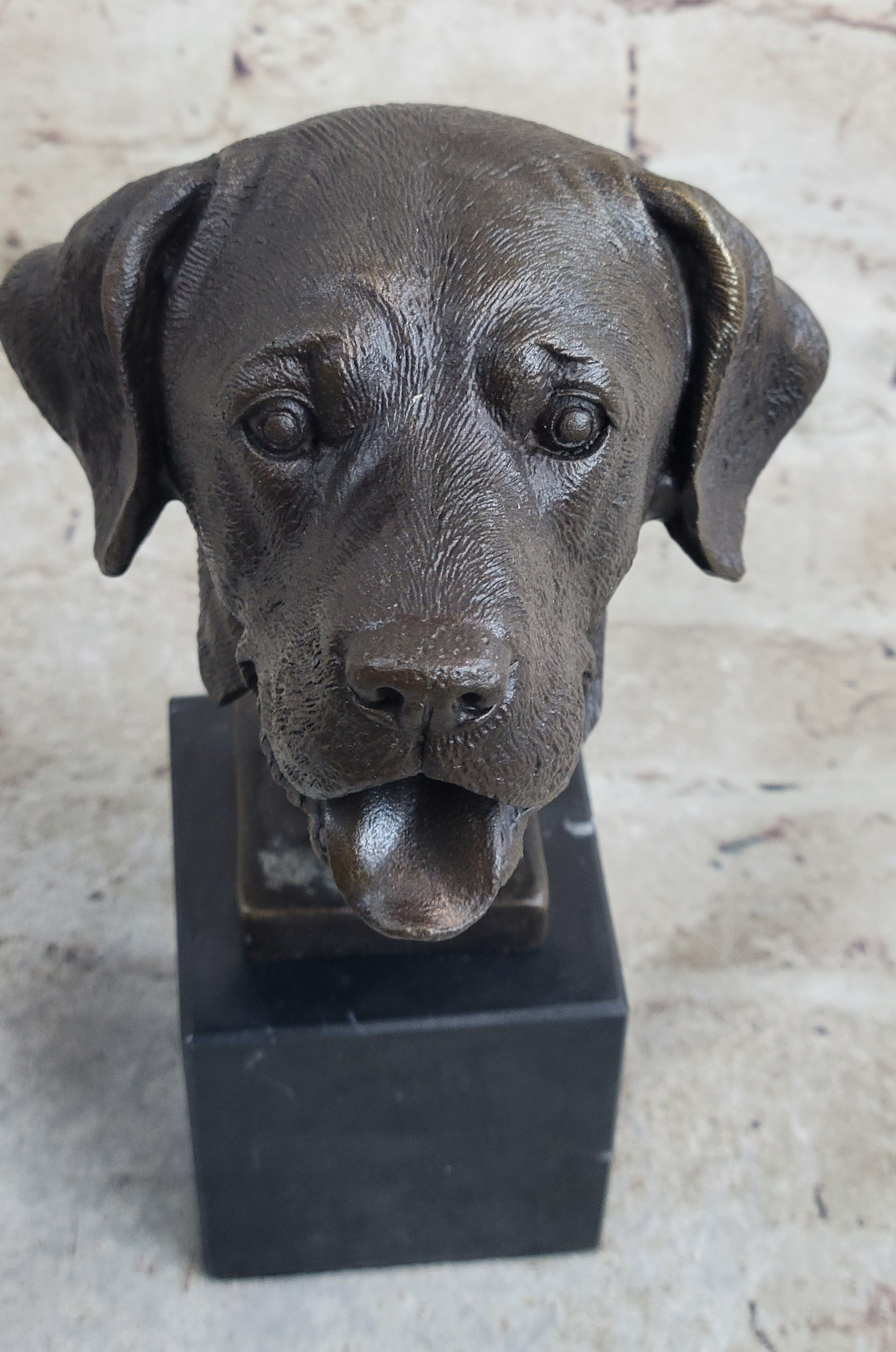 Signed Happy Labrador Puppy Dog Bust Marble Base Sculpture