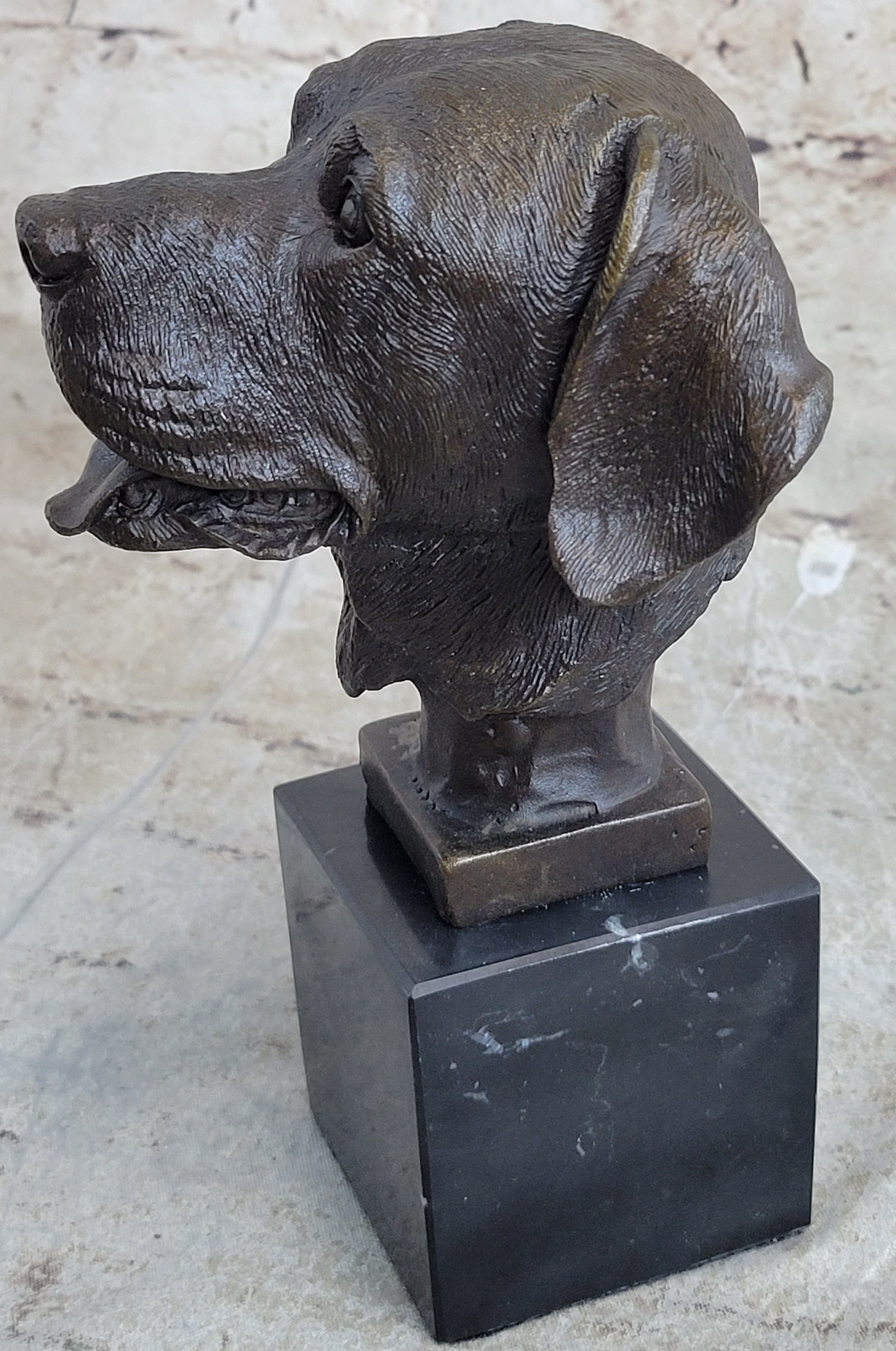 Signed Happy Labrador Puppy Dog Bust Marble Base Sculpture