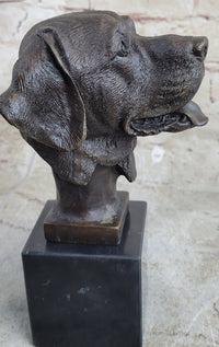 Signed Happy Labrador Puppy Dog Bust Marble Base Sculpture