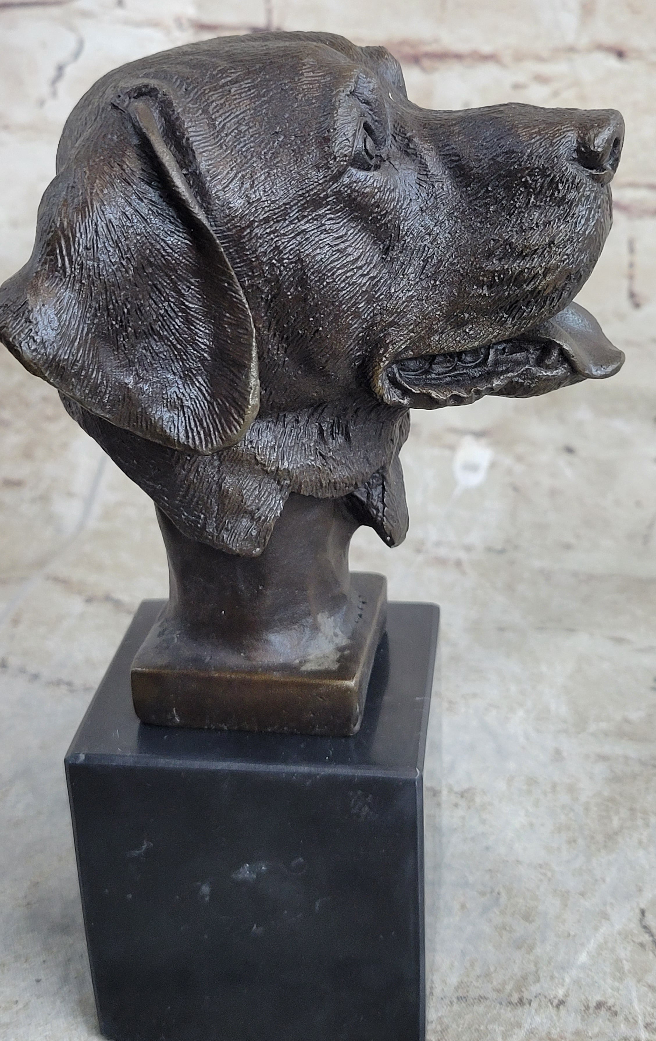 Signed Happy Labrador Puppy Dog Bust Marble Base Sculpture