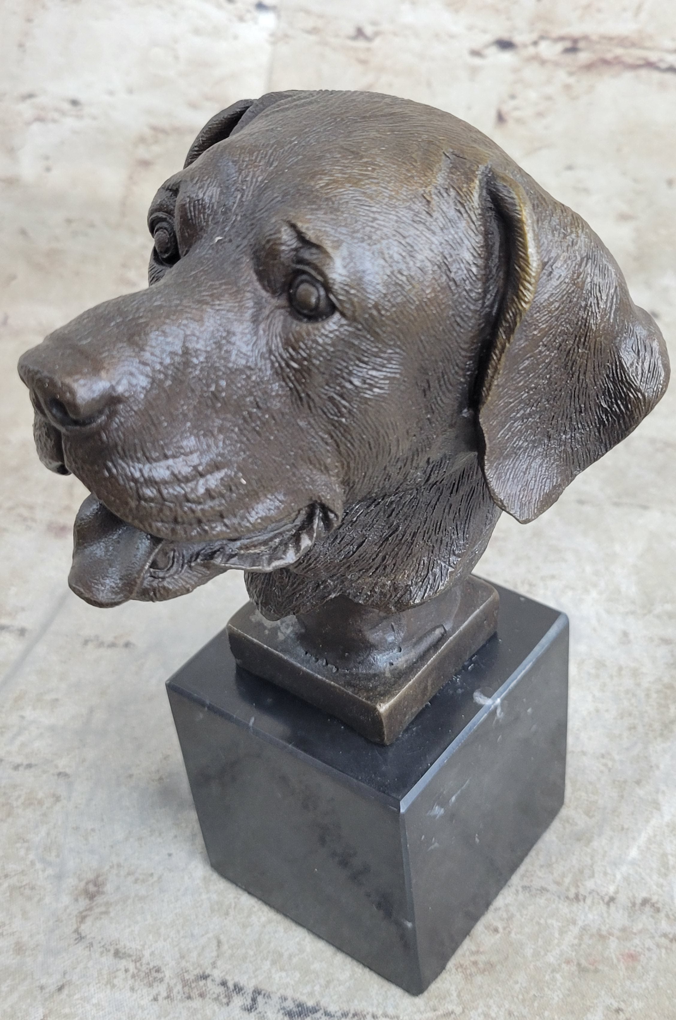 Signed Happy Labrador Puppy Dog Bust Marble Base Sculpture