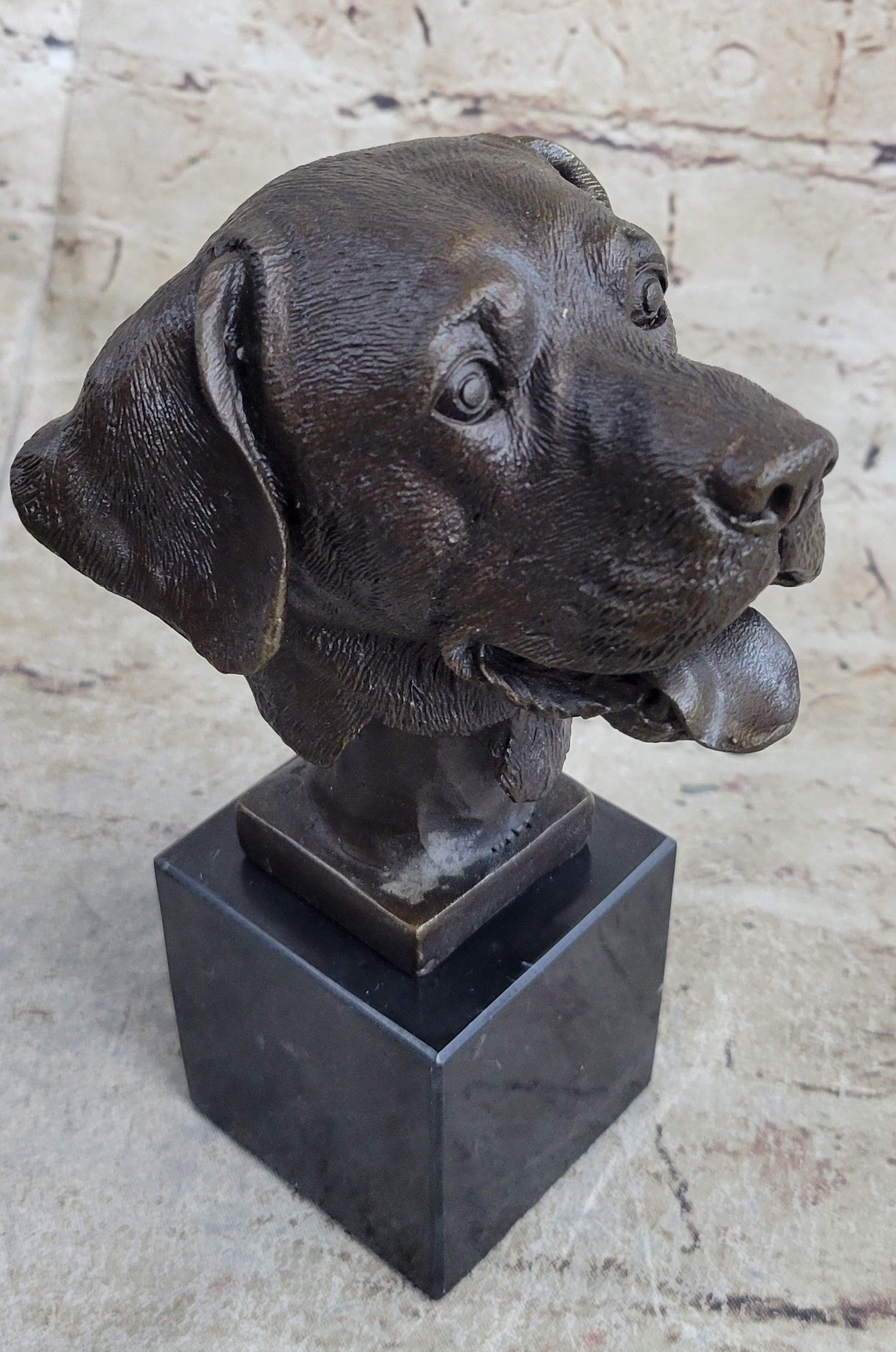 Signed Happy Labrador Puppy Dog Bust Marble Base Sculpture