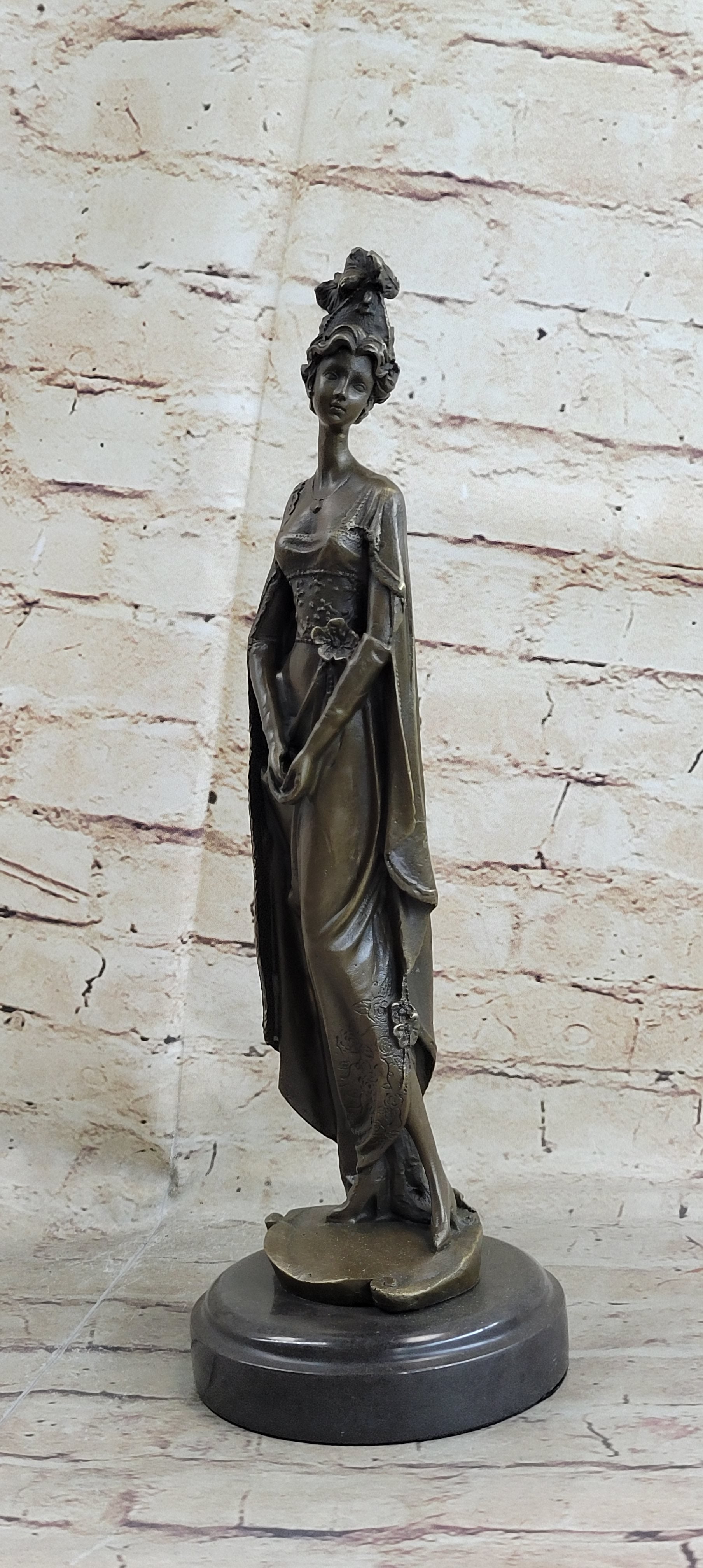 Bronze on Marble Statue Classical Victorian Girl Art Deco Sculpture 14" x 4.5"
