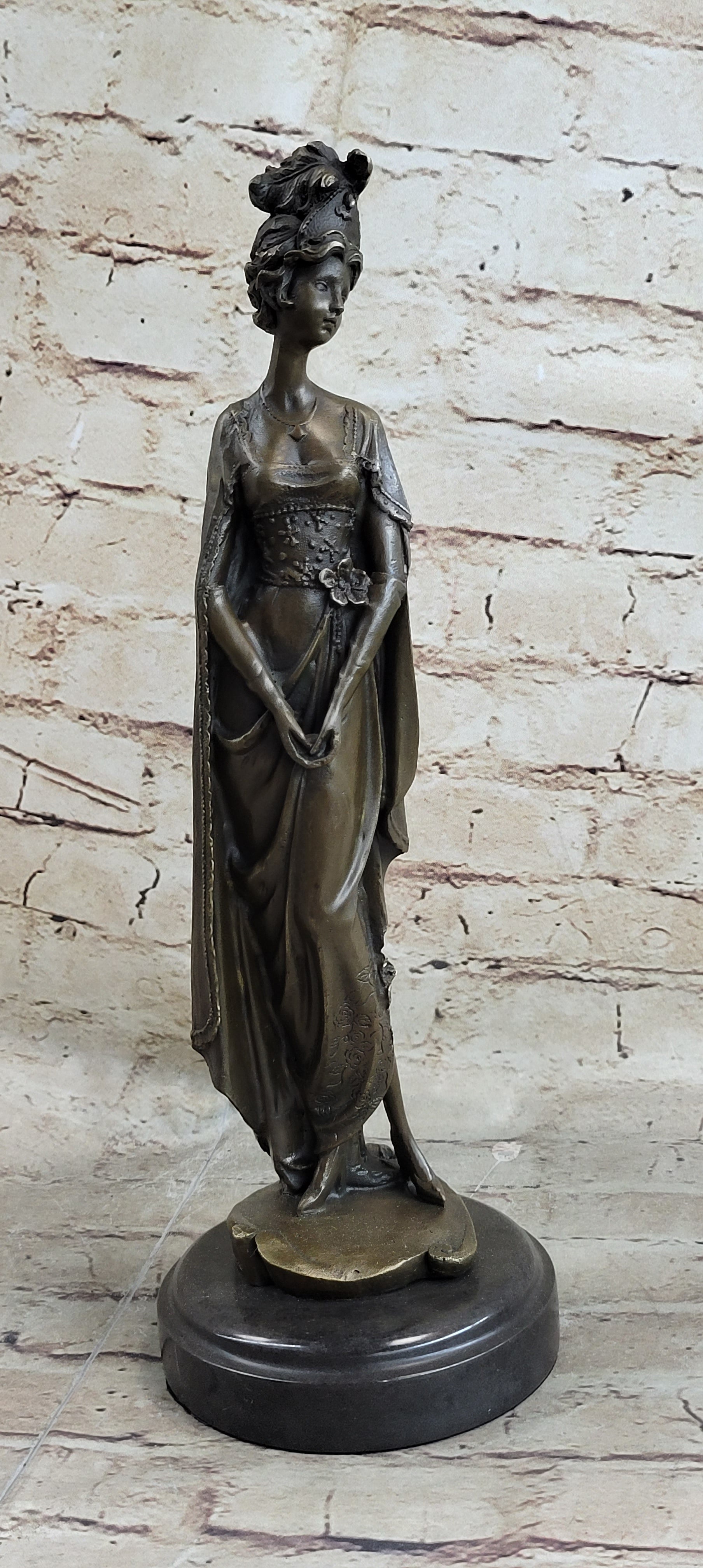 Bronze on Marble Statue Classical Victorian Girl Art Deco Sculpture 14" x 4.5"