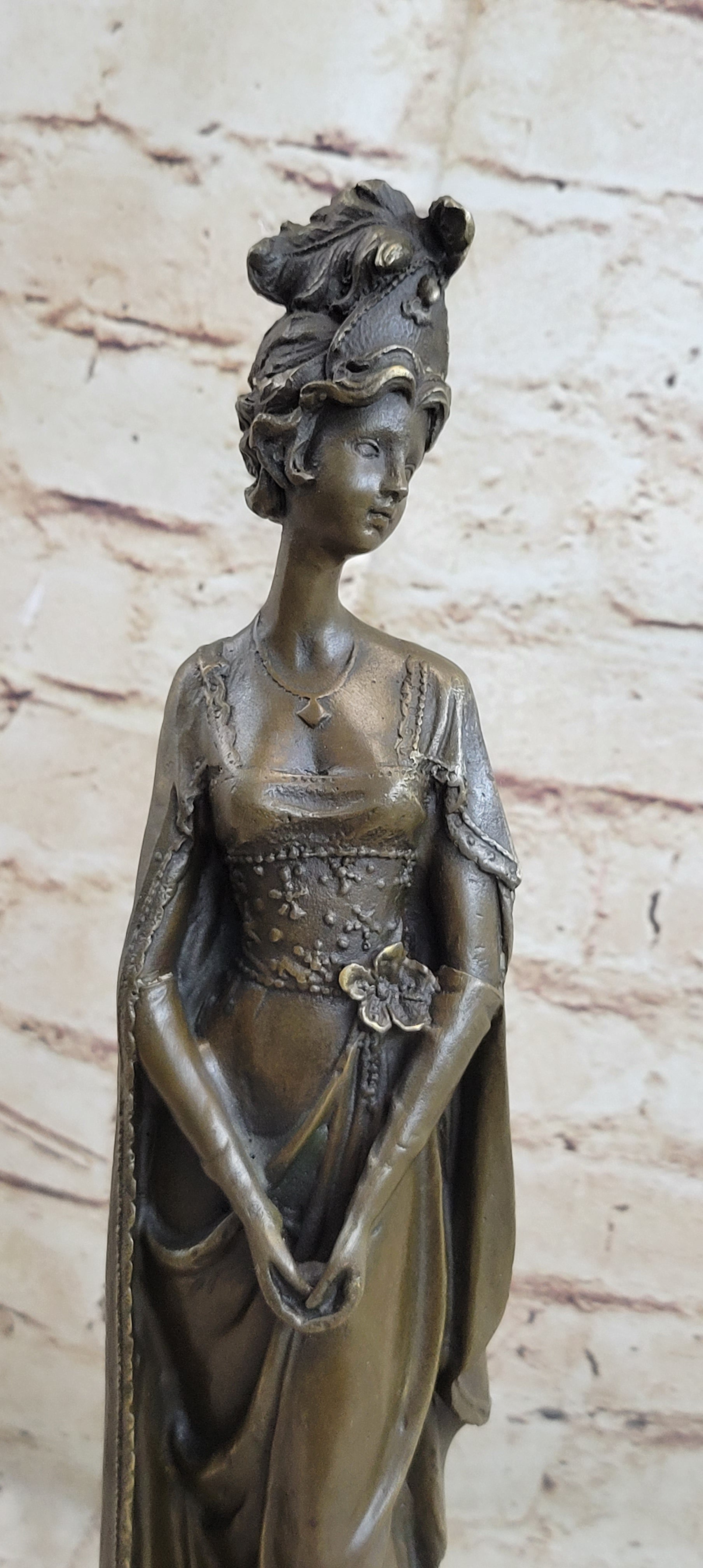 Bronze on Marble Statue Classical Victorian Girl Art Deco Sculpture 14" x 4.5"