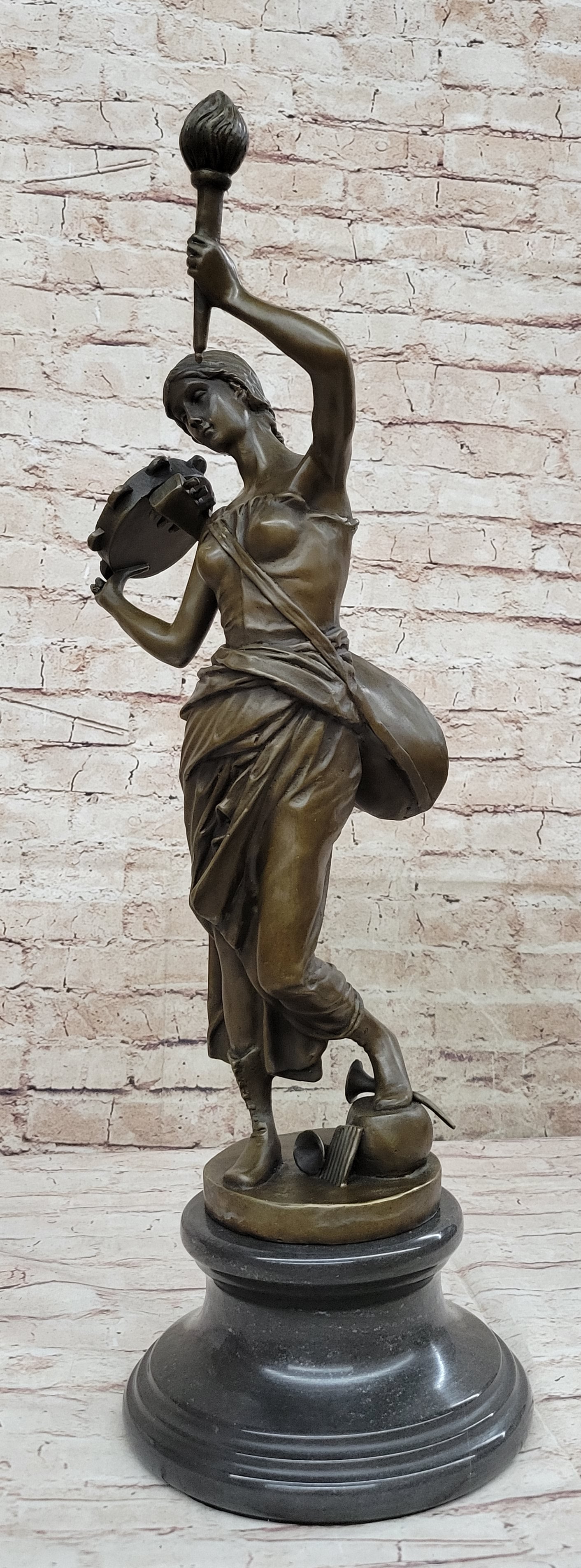 Vintage Bronze Brass Hot Cast Sculpture of a Young Girl Playing Tambourine by Milo