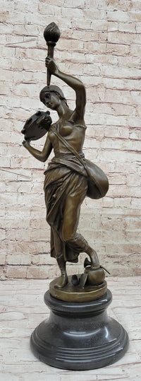 Vintage Bronze Brass Hot Cast Sculpture of a Young Girl Playing Tambourine by Milo