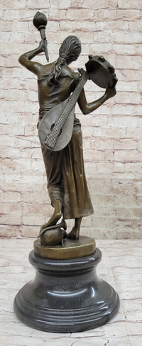 Vintage Bronze Brass Hot Cast Sculpture of a Young Girl Playing Tambourine by Milo