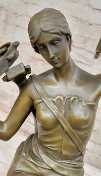 Vintage Bronze Brass Hot Cast Sculpture of a Young Girl Playing Tambourine by Milo