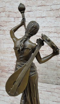 Vintage Bronze Brass Hot Cast Sculpture of a Young Girl Playing Tambourine by Milo