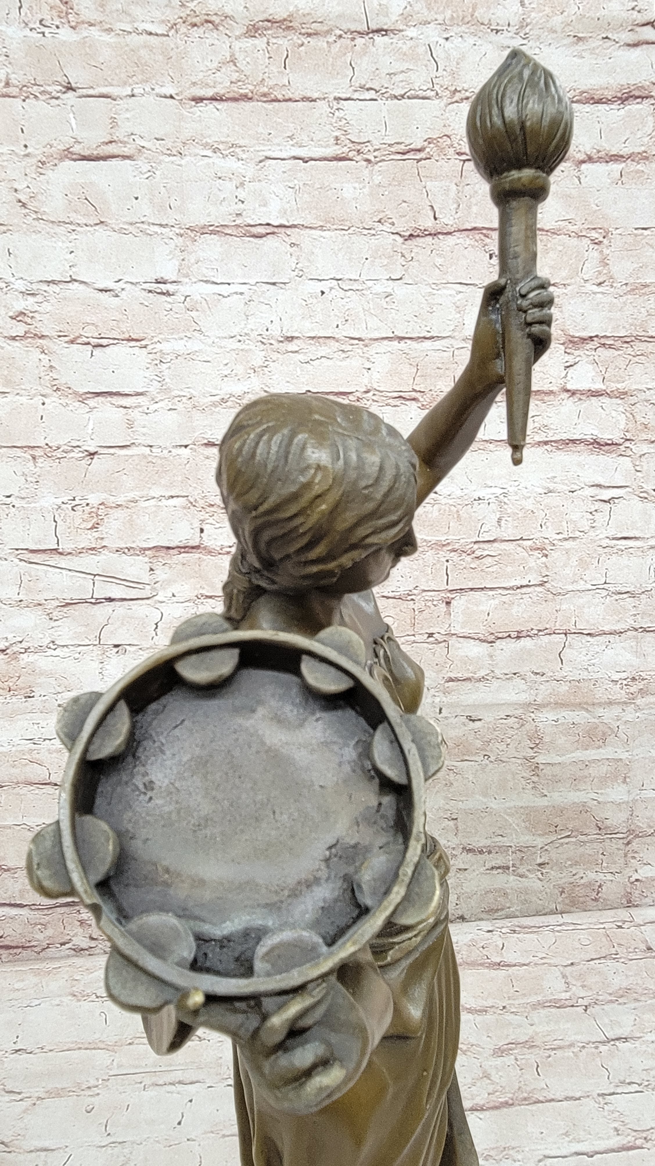 Vintage Bronze Brass Hot Cast Sculpture of a Young Girl Playing Tambourine by Milo