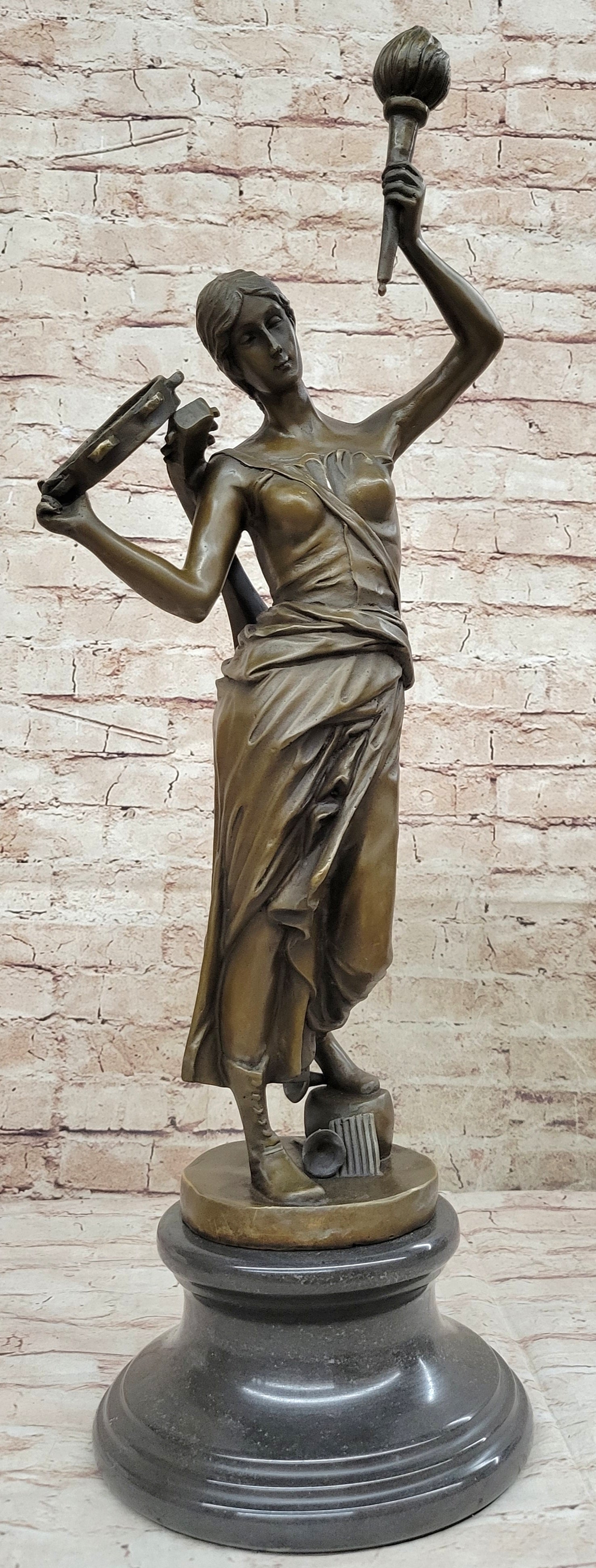 Vintage Bronze Brass Hot Cast Sculpture of a Young Girl Playing Tambourine by Milo