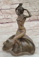 Nude Female Figure Girl on Seashell Candy Dish Bronze Sculpture Figure Decor Card Holder