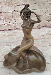 Nude Female Figure Girl on Seashell Candy Dish Bronze Sculpture Figure Decor Card Holder