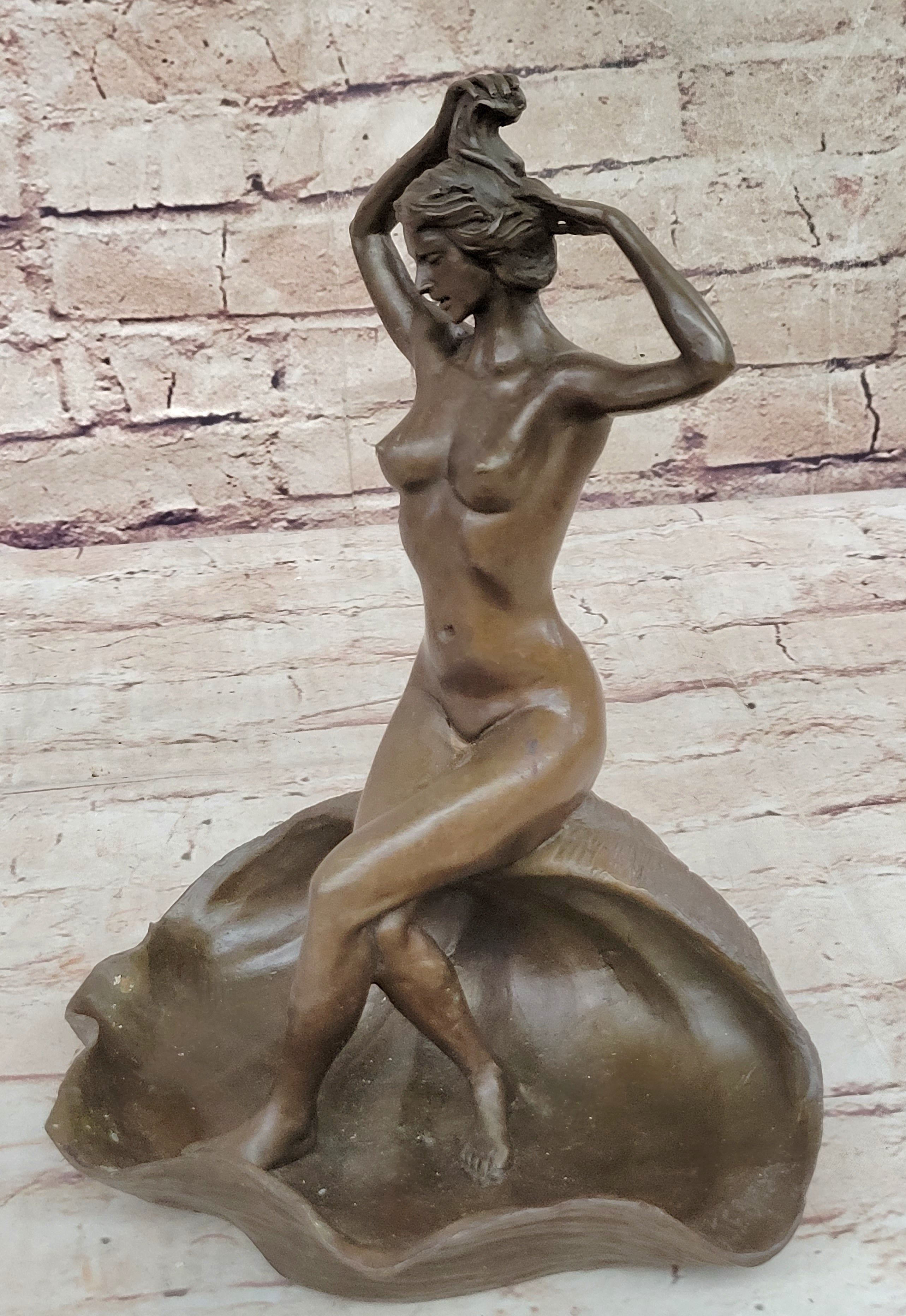 Nude Female Figure Girl on Seashell Candy Dish Bronze Sculpture Figure Decor Card Holder