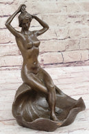 Nude Female Figure Girl on Seashell Candy Dish Bronze Sculpture Figure Decor Card Holder
