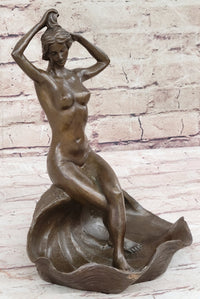 Nude Female Figure Girl on Seashell Candy Dish Bronze Sculpture Figure Decor Card Holder